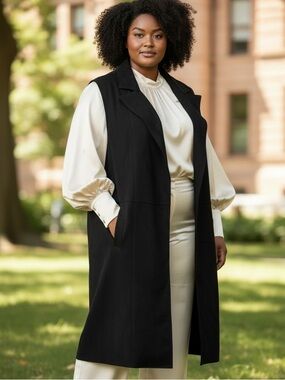 TAHARI WOMAN BLACK ULTRA SUEDE LAGENLOOK RELAXED FIT SLEEVELESS DUSTER SZ 1X